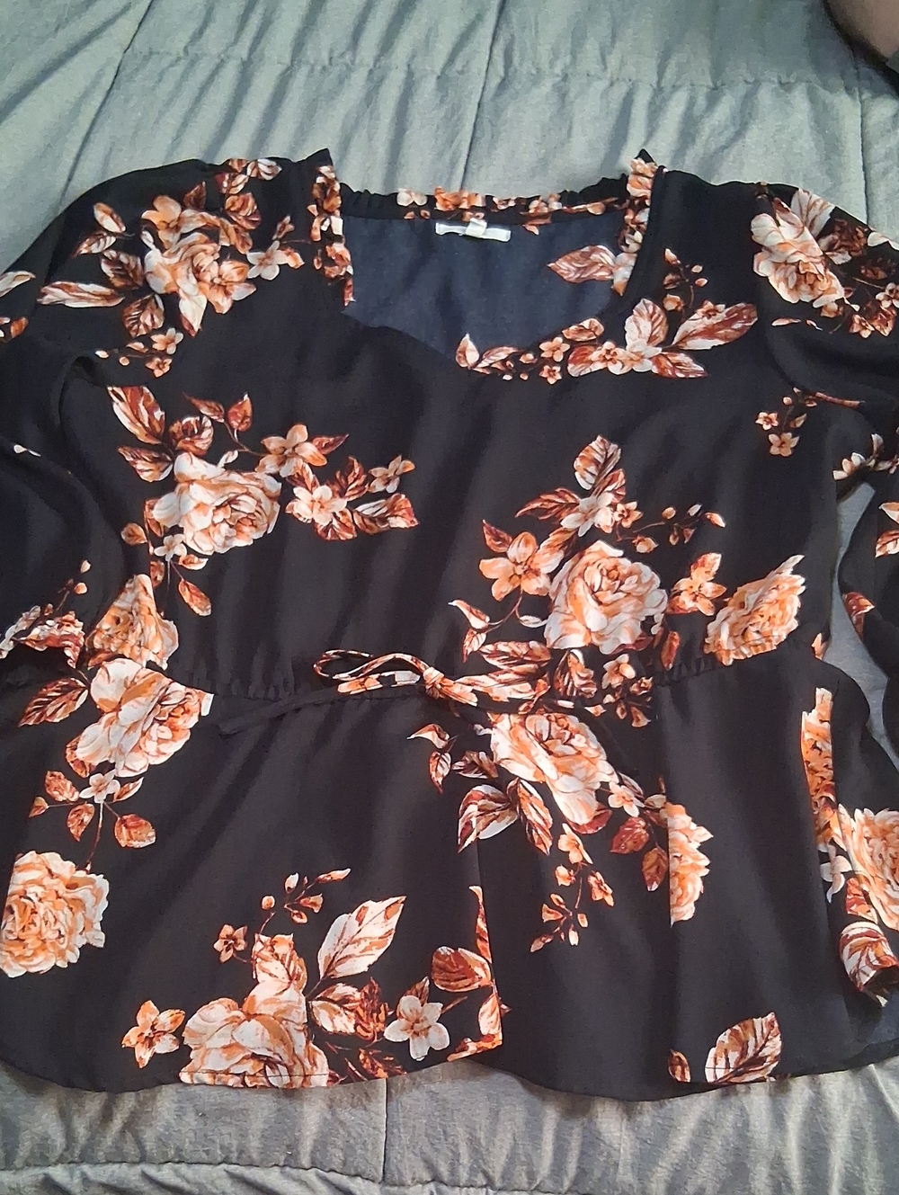 Floral Tie-Waist Black Blouse with Peach Roses
